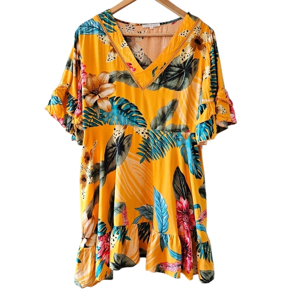 Label Of Love Tropical Floral Print Casual Short Sleeve Mini Dress Size Medium - Picture 3 of 13